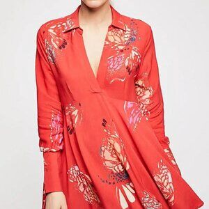 Free People Field of Butterflies Red Floral Long-Sleeve High-Low Tunic Size S